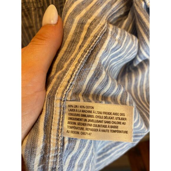 Linen Cotton Striped Blue White Nautical Merona Classic Fit Button Down XL - Picture 4 of 6